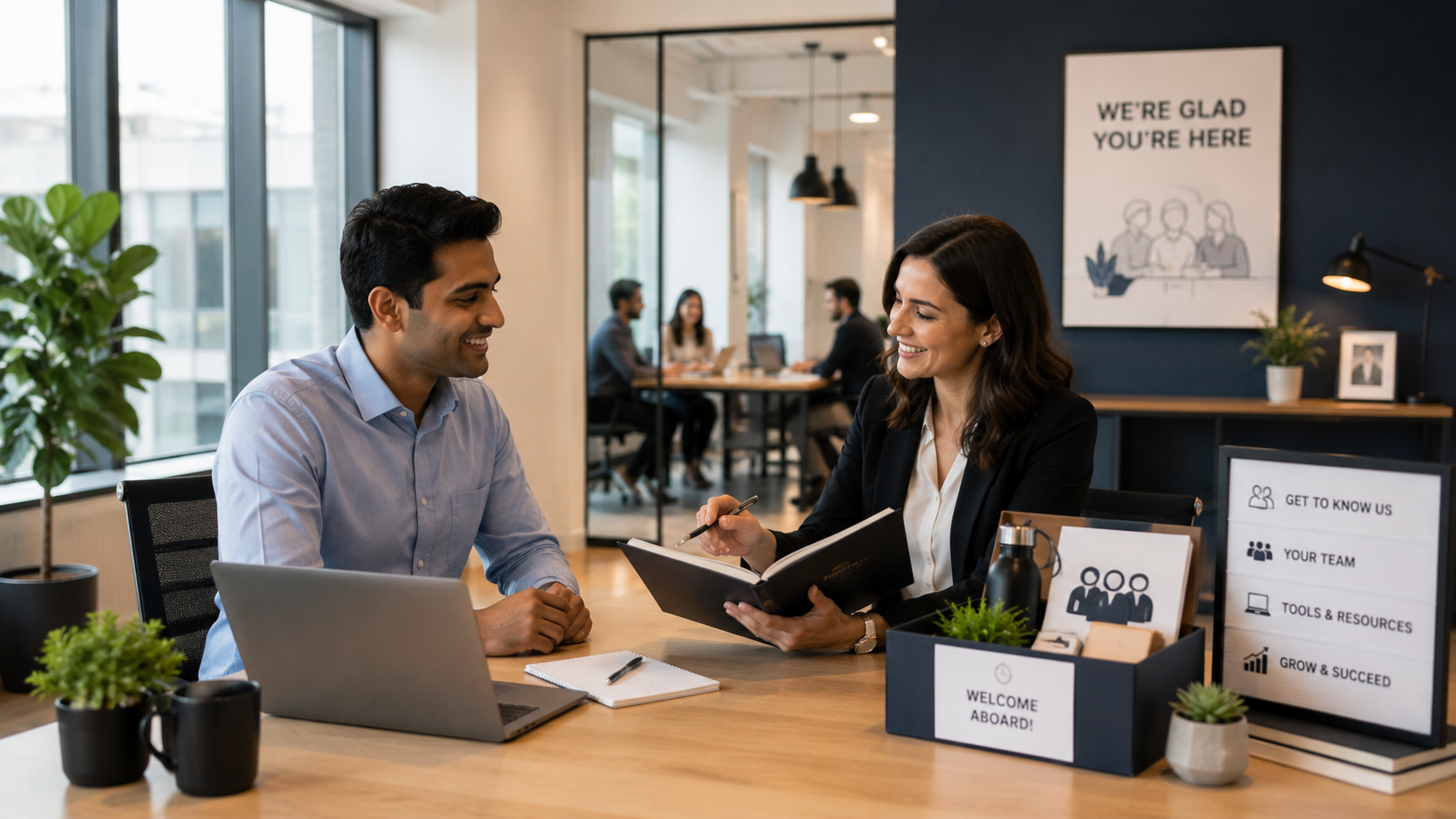 Illustration of a structured onboarding path guiding a new employee through the first 90 days